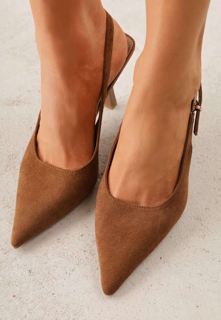 Jasnobrązowe Szpilki Slingback VICES z Imitacji Zamszu z Prostokątną Klamerką Natuma