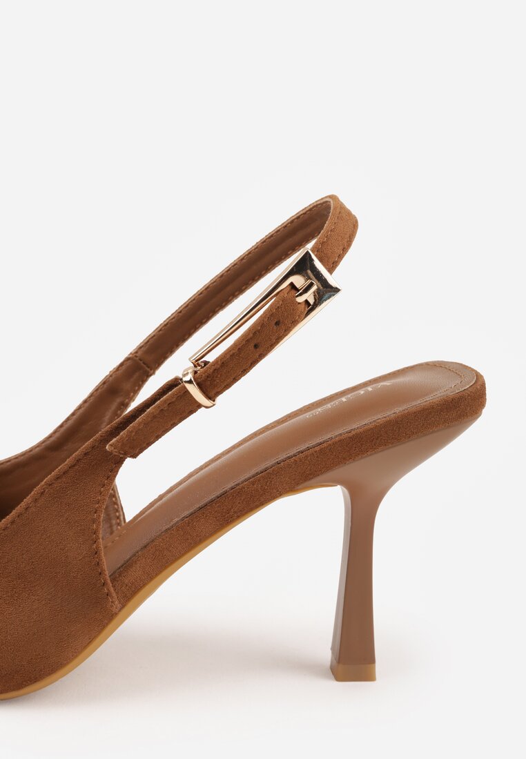 Jasnobrązowe Szpilki Slingback VICES z Imitacji Zamszu z Prostokątną Klamerką Natuma