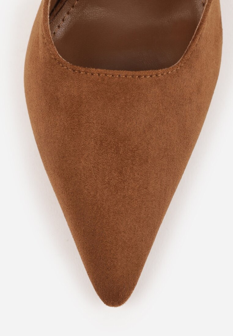 Jasnobrązowe Szpilki Slingback VICES z Imitacji Zamszu z Prostokątną Klamerką Natuma