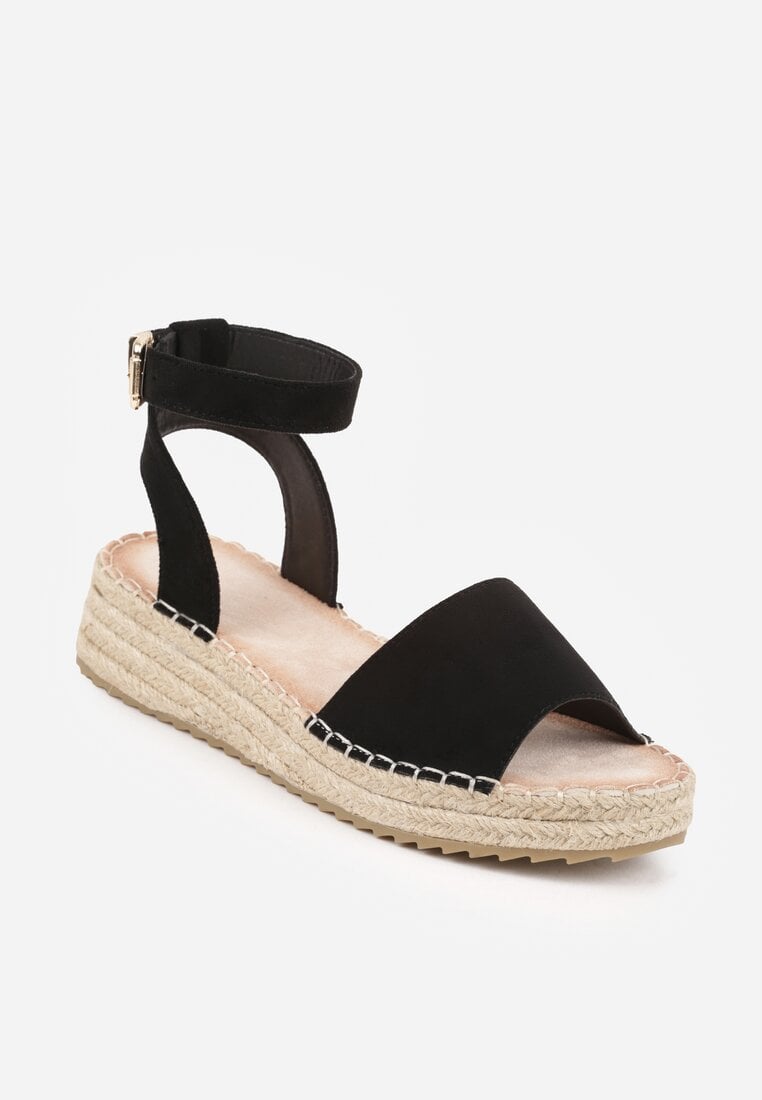 Czarne Sandały VICES z Imitacji Zamszu na Niskim Plecionym Koturnie Anameda