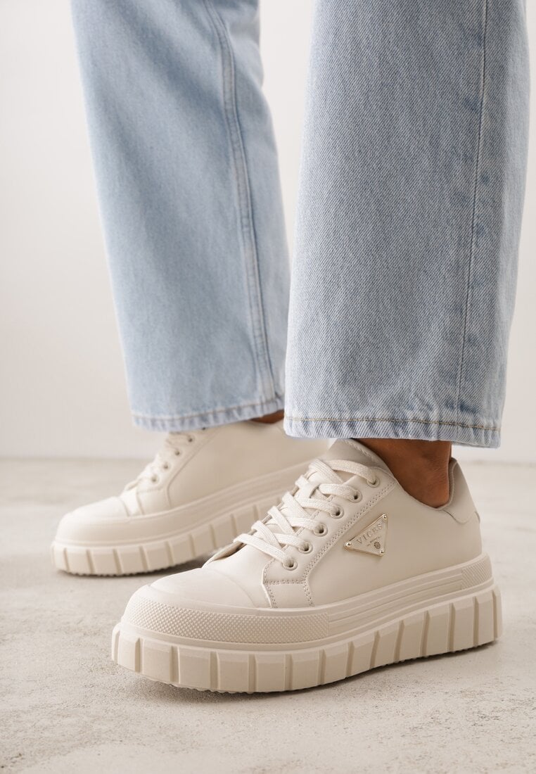 Beżowe Sneakersy VICES na Tłoczonej Podeszwie w Stylu Chunky Myninis