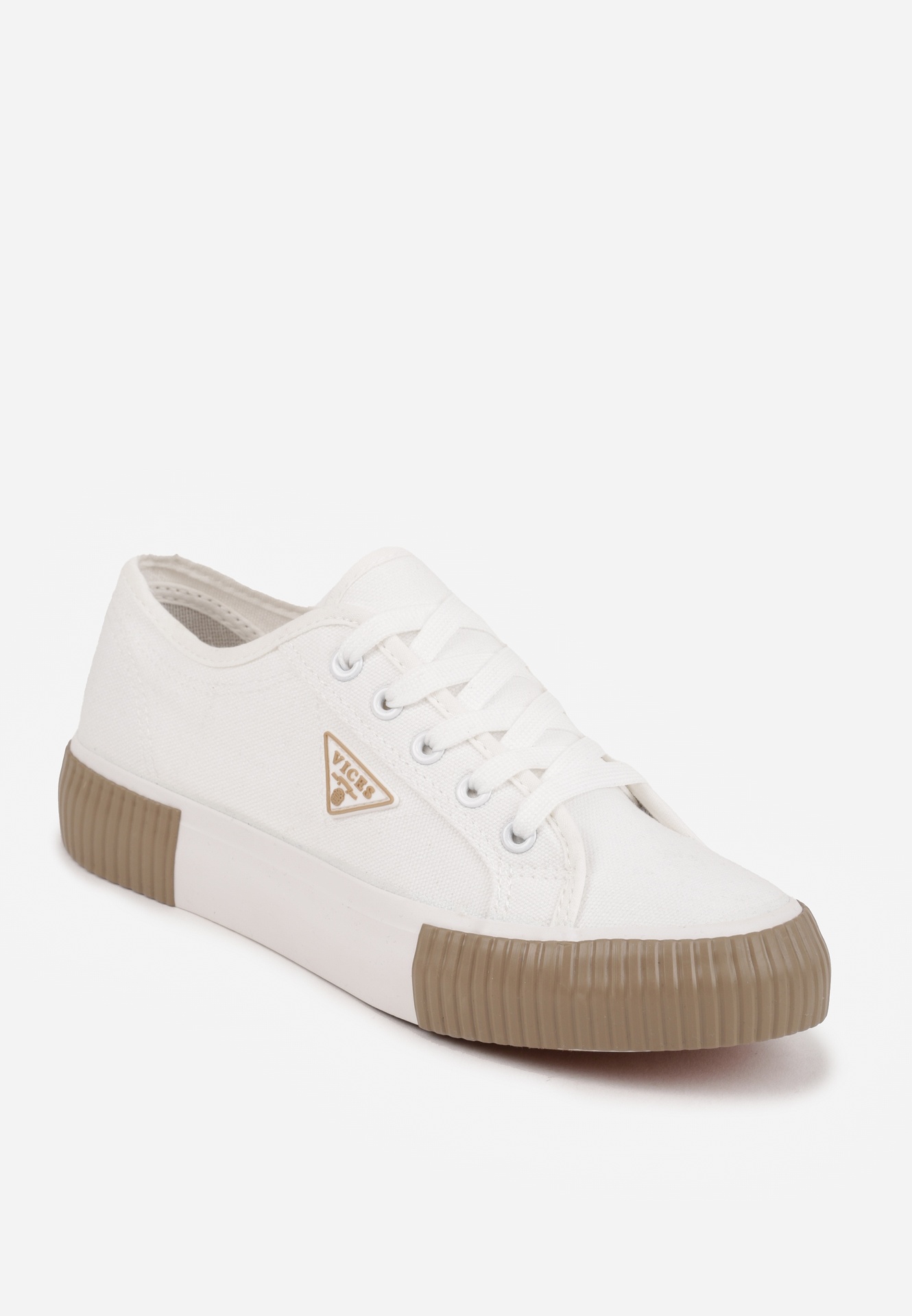 Biało-Beżowe Trampki VICES na Żłobionej Platformie Zdobione Trójkątną Aplikacją Lorerina