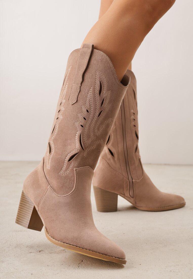 Ciemnobeżowe Ażurowe Botki Kowbojki VICES na Słupku Falenatea