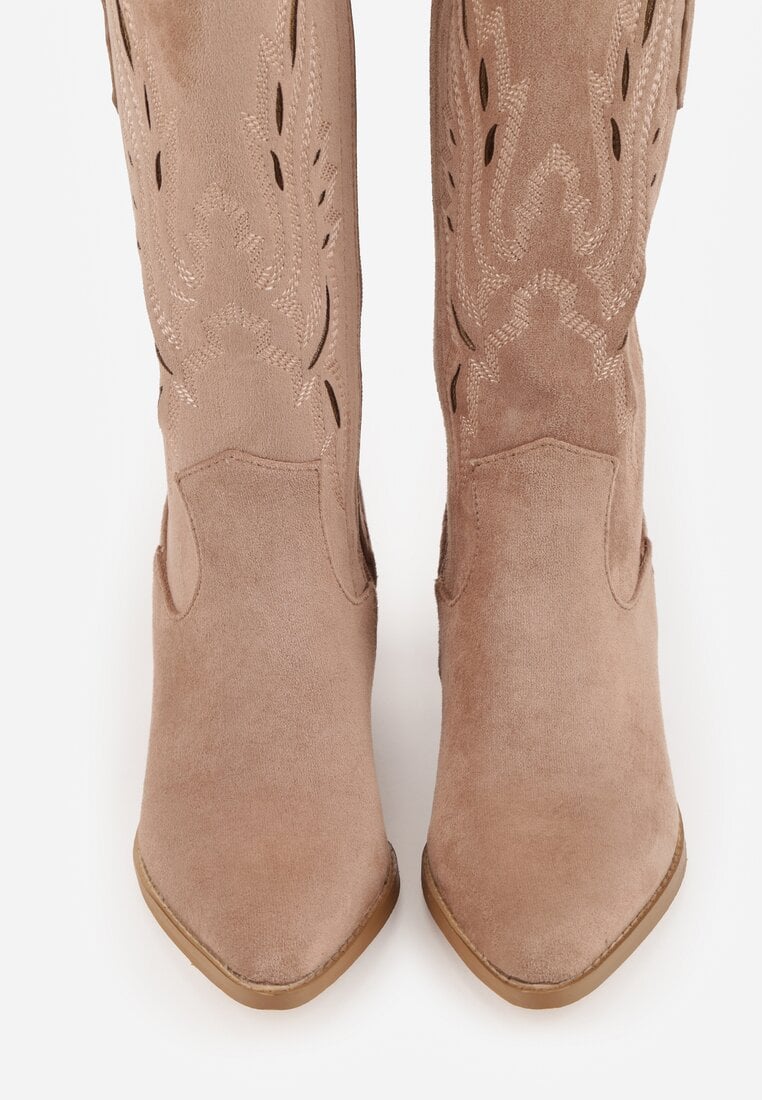 Ciemnobeżowe Ażurowe Botki Kowbojki VICES na Słupku Falenatea