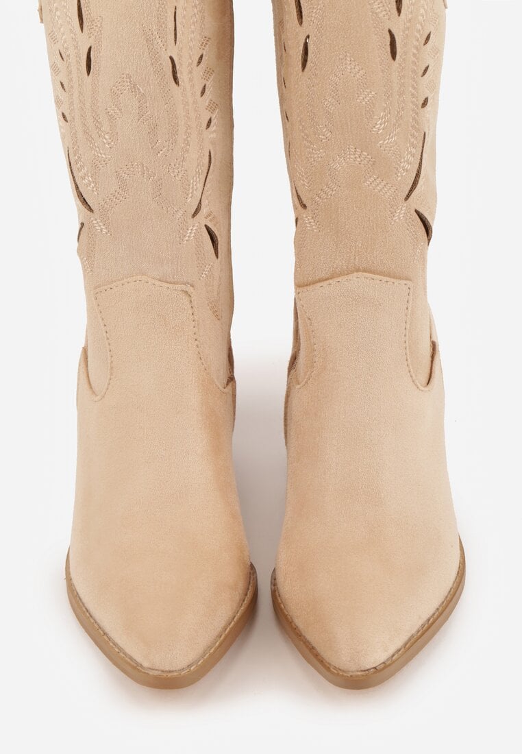 Beżowe Ażurowe Botki Kowbojki VICES na Słupku Falenatea