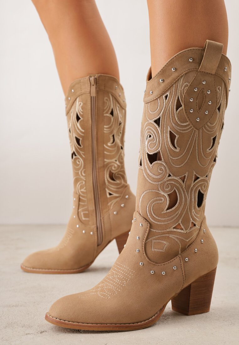 Ciemnobeżowe Ażurowe Botki Kowbojki VICES na Stożku Zdobione Nitami Sennatea