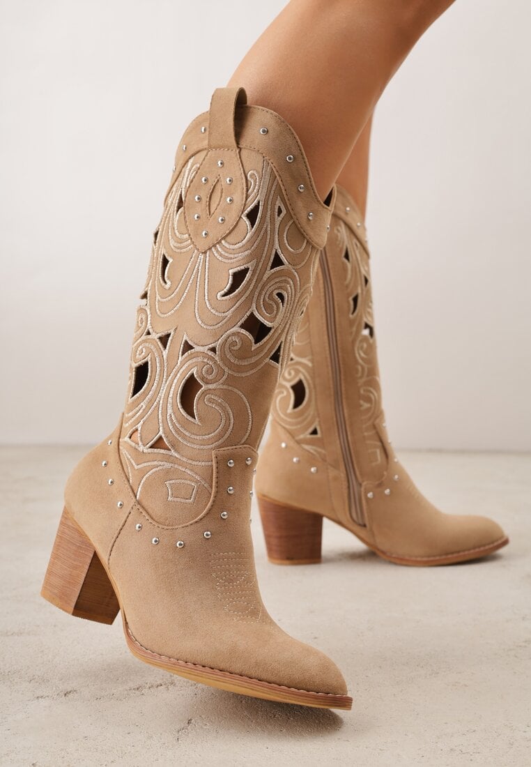 Ciemnobeżowe Ażurowe Botki Kowbojki VICES na Stożku Zdobione Nitami Sennatea