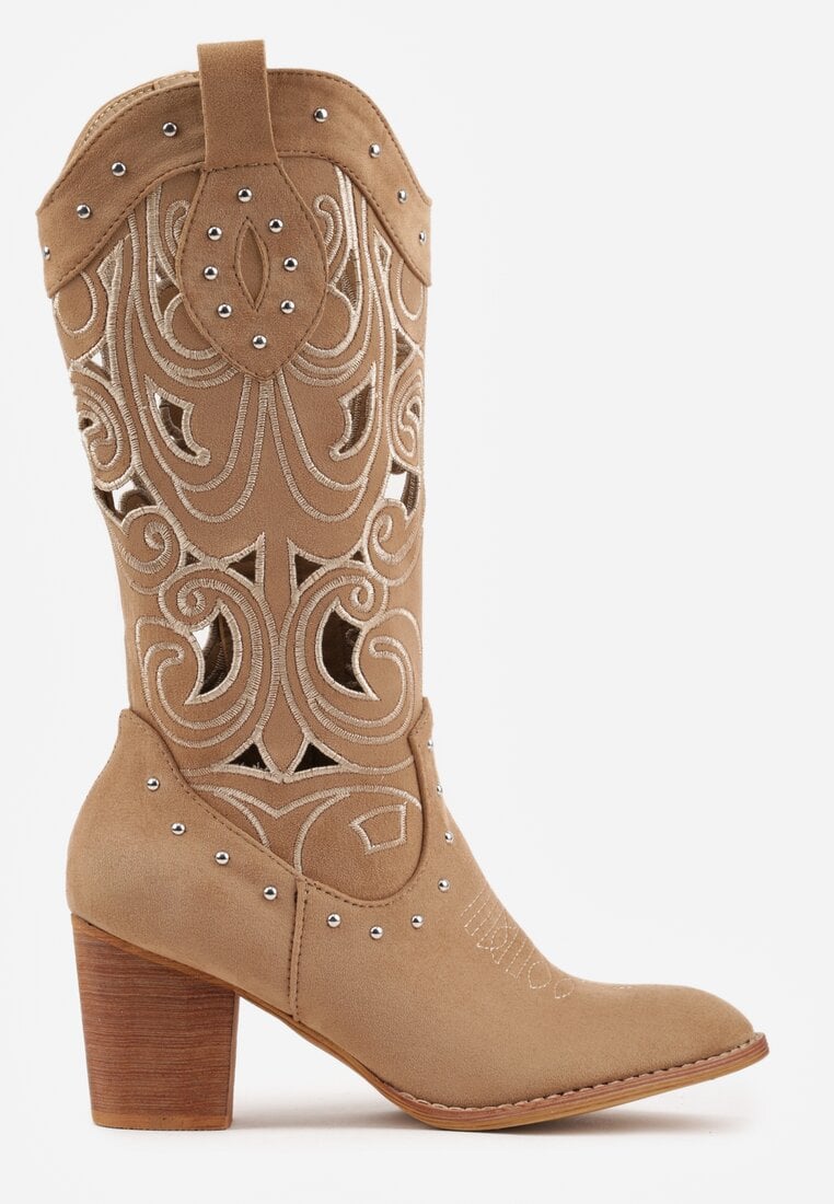 Ciemnobeżowe Ażurowe Botki Kowbojki VICES na Stożku Zdobione Nitami Sennatea