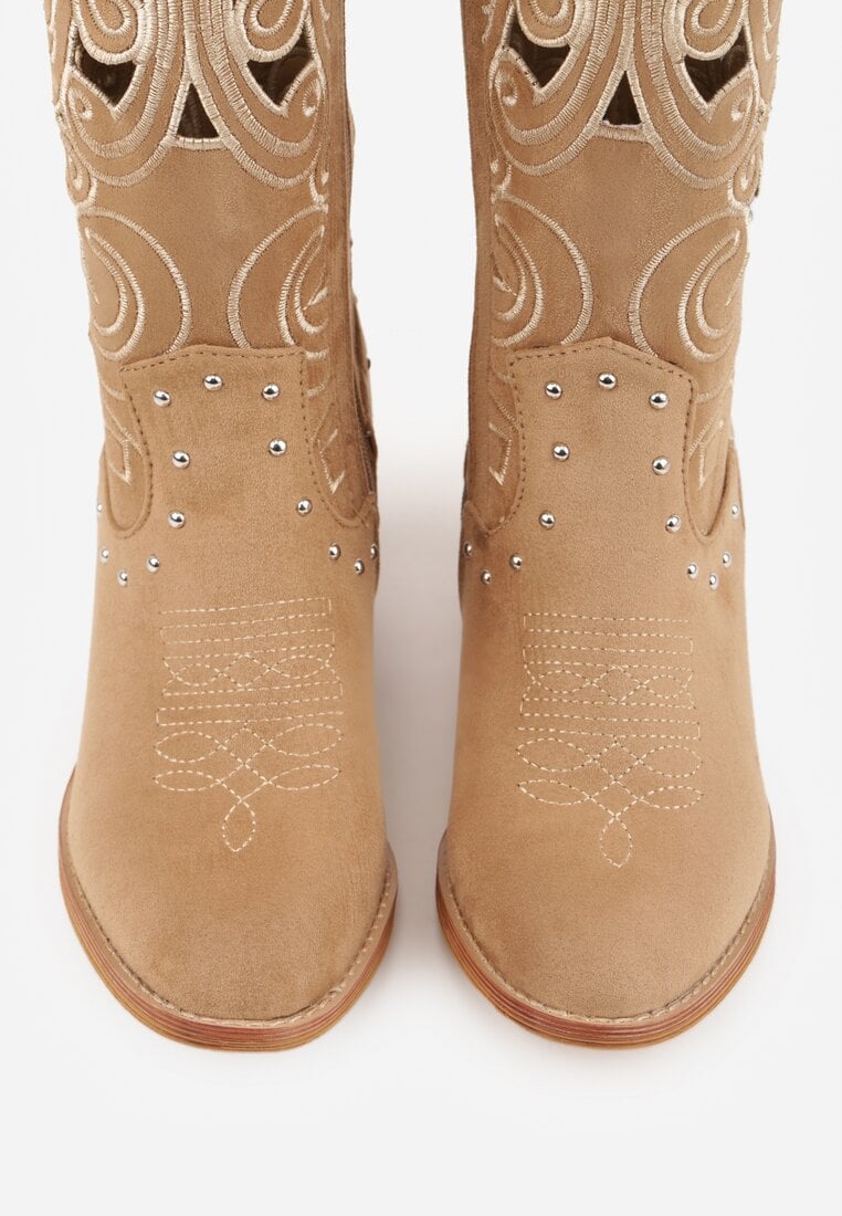 Ciemnobeżowe Ażurowe Botki Kowbojki VICES na Stożku Zdobione Nitami Sennatea
