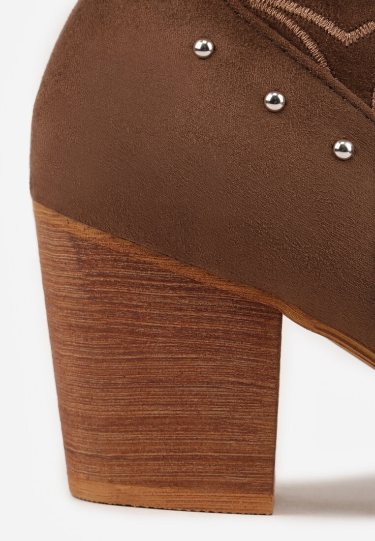 Brązowe Ażurowe Botki Kowbojki VICES na Stożku Zdobione Nitami Sennatea