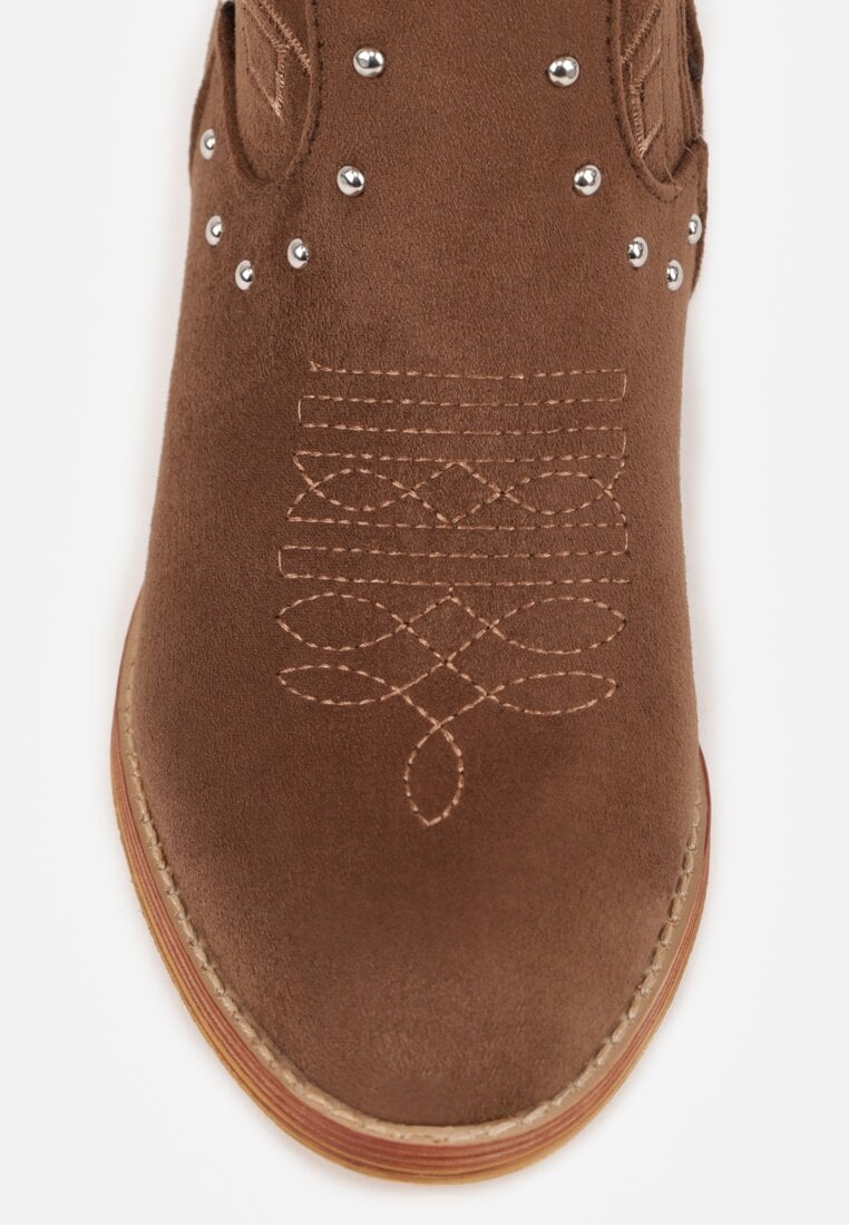 Brązowe Ażurowe Botki Kowbojki VICES na Stożku Zdobione Nitami Sennatea