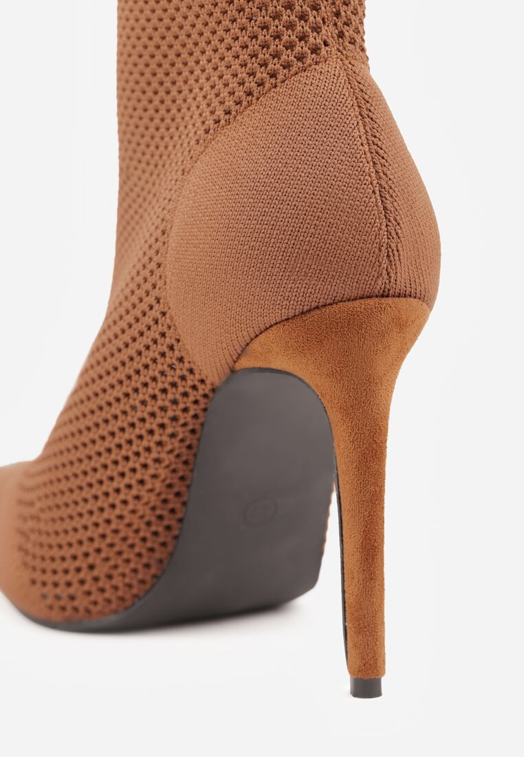 Brązowe Botki VICES na Szpilce z Elastyczną Dzianinową Cholewką Dedanna