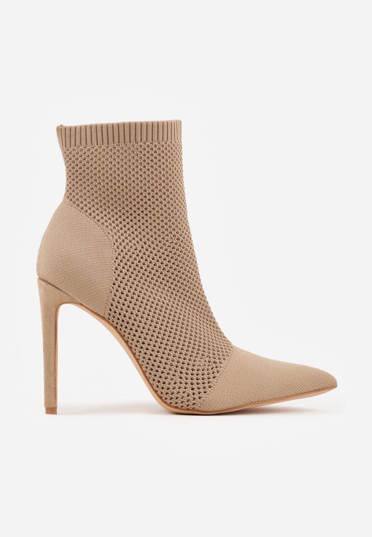 Ciemnobeżowe Botki VICES na Szpilce z Elastyczną Dzianinową Cholewką Dedanna
