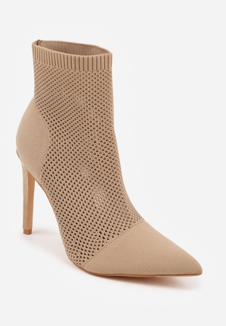 Ciemnobeżowe Botki VICES na Szpilce z Elastyczną Dzianinową Cholewką Dedanna