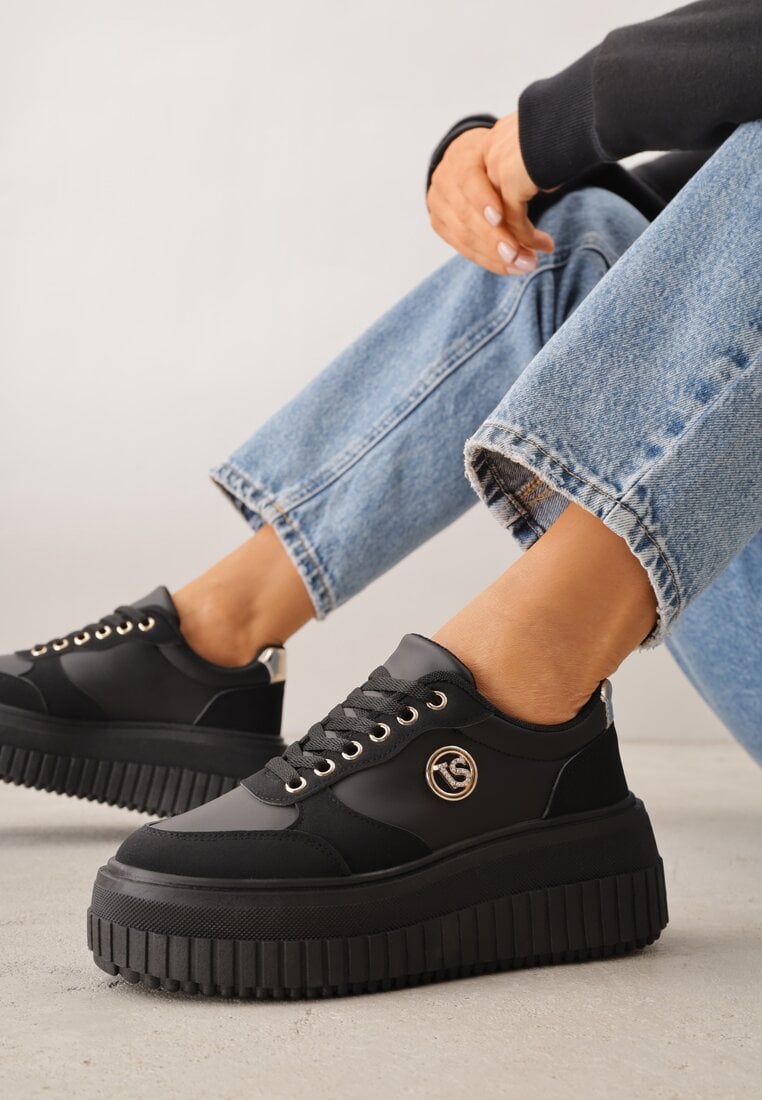 Czarne Chunky Sneakersy VICES z Aplikacją na Platformie ze Żłobieniami Ilunatesa
