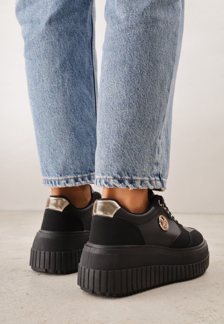 Czarne Chunky Sneakersy VICES z Aplikacją na Platformie ze Żłobieniami Ilunatesa