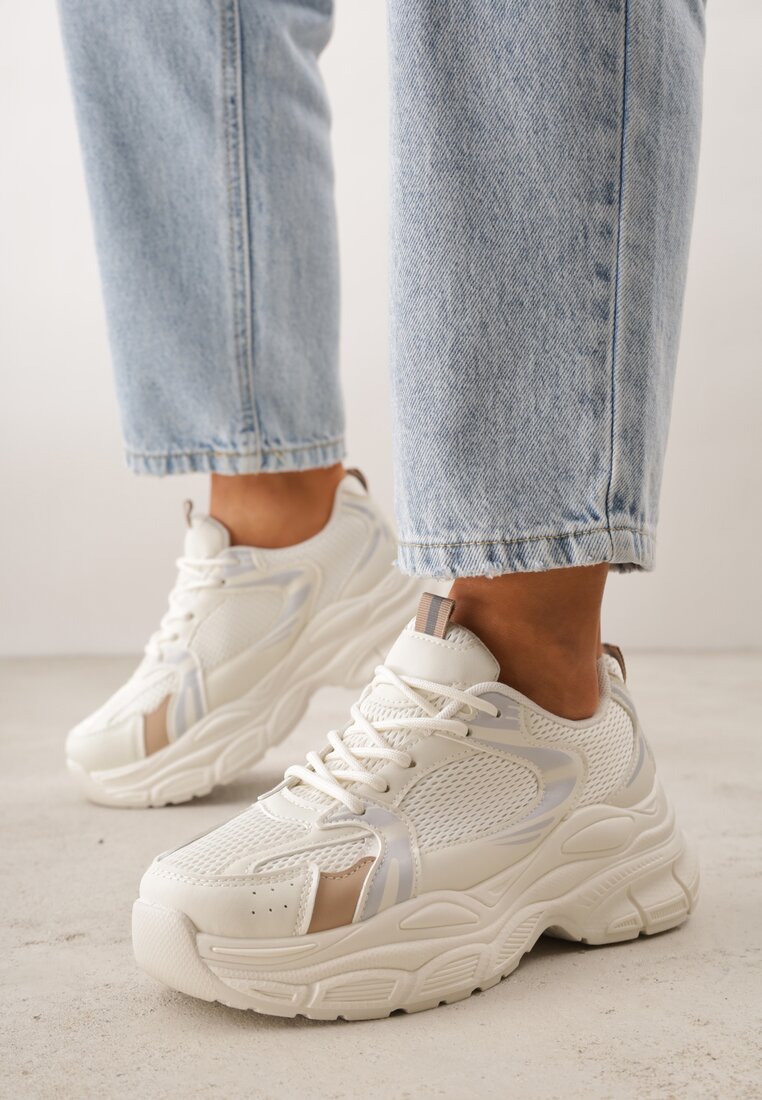 Beżowe Sneakersy VICES na Geometrycznej Platformie z Perforacją Elinata