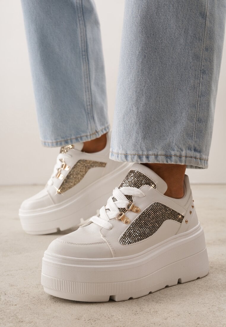 Białe Sneakersy VICES na Koturnie z Brokatowymi Wstawkami Morinatea