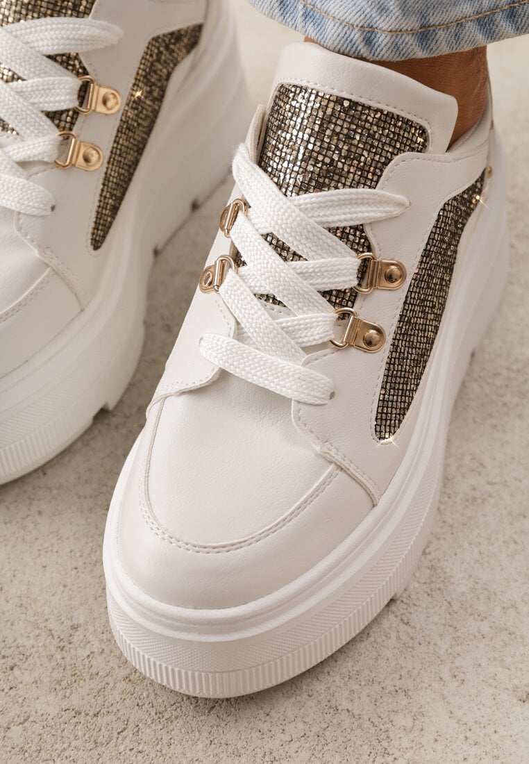 Białe Sneakersy VICES na Koturnie z Brokatowymi Wstawkami Morinatea