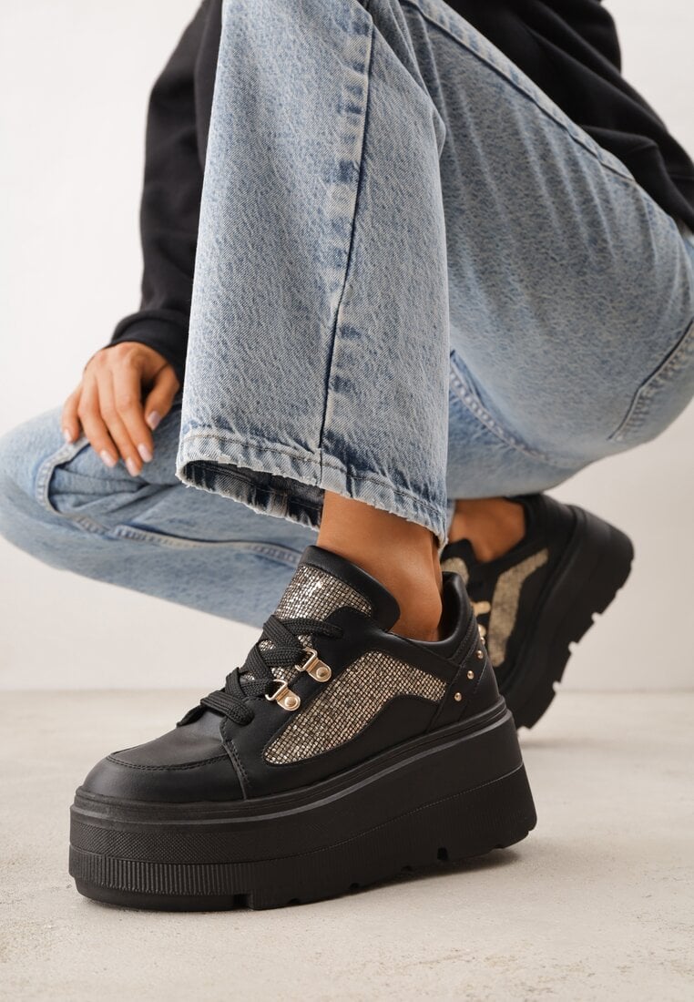 Czarne Sneakersy VICES na Koturnie z Brokatowymi Wstawkami Morinatea