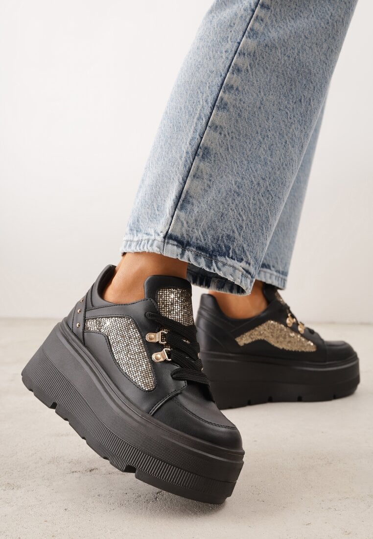 Czarne Sneakersy VICES na Koturnie z Brokatowymi Wstawkami Morinatea