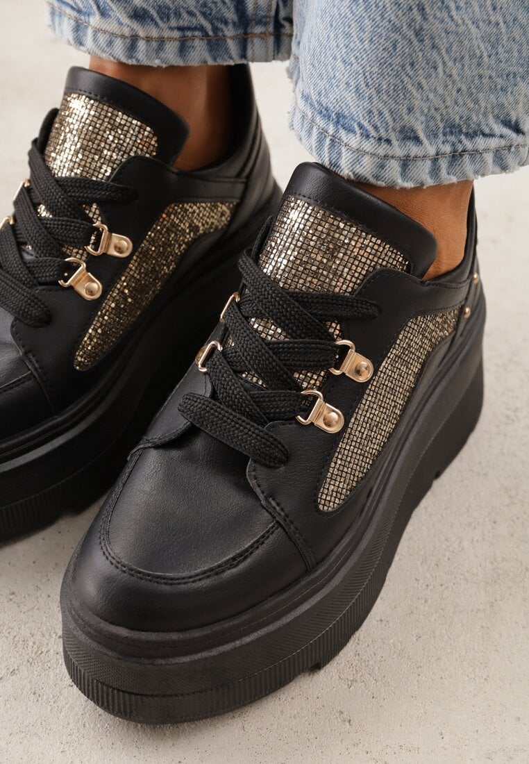 Czarne Sneakersy VICES na Koturnie z Brokatowymi Wstawkami Morinatea