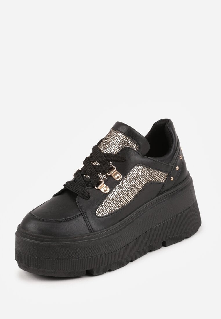 Czarne Sneakersy VICES na Koturnie z Brokatowymi Wstawkami Morinatea