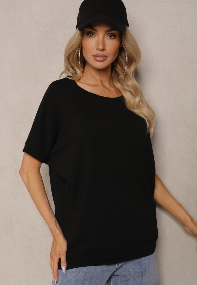 Tricou Negru din bumbac Oversize cu Mânecă Scurtă și Spate Mai Lung Zanimara