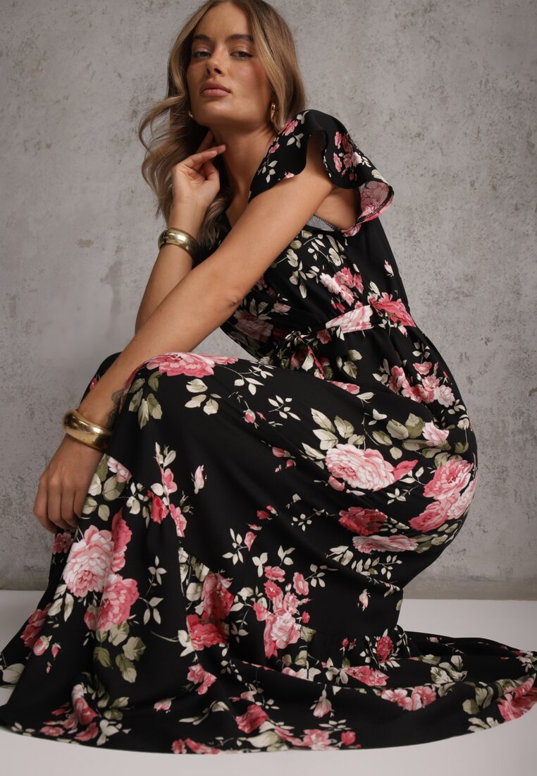 Rochie Neagră Florală cu croială petrecută cu cordon legat Iphene