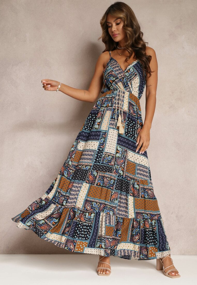 Rochie Bleu Marin din Viscoză cu Croială Tip Petrecută cu Imprimeu Patchwork Grehan