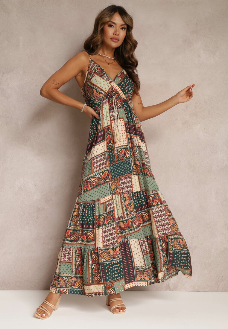 Rochie Verde Viscoză Croială Petrecută cu Imprimeu Patchwork Grehan