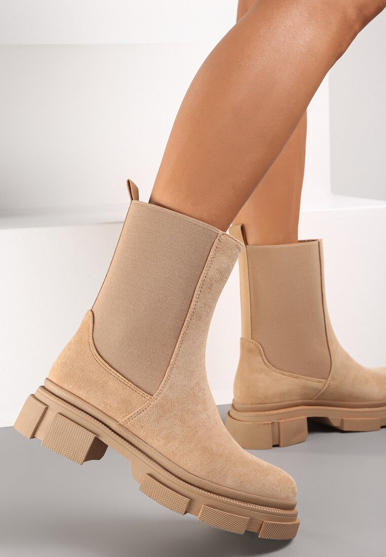 Botine Bej închis cu Talpă Groasă și Carâmb Elastic Batteux