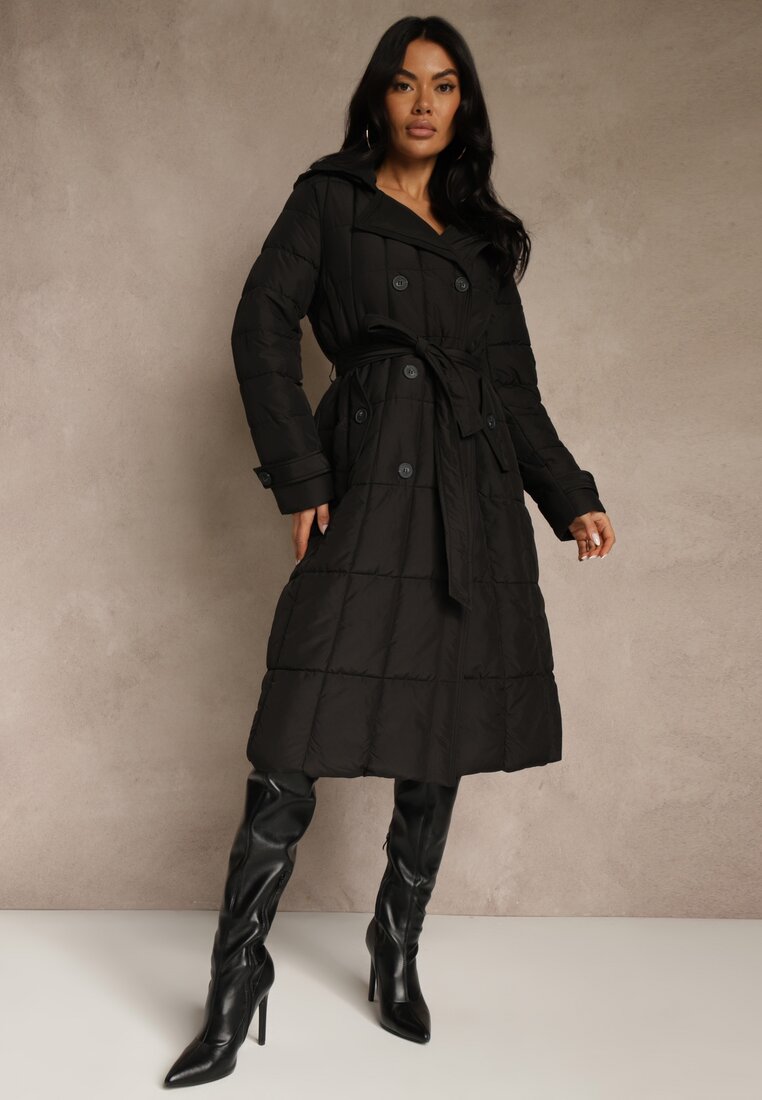 Jachetă Neagră Matlasată cu Centură Yeclu