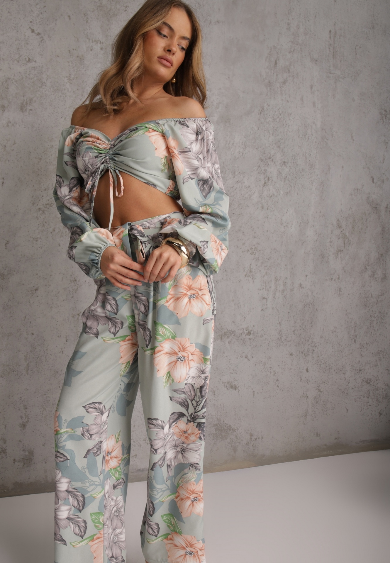 Compleu Mentă 2 piese, Bluză cu mânecă lungă și Pantaloni largi cu elastic în talie, floral Calaq