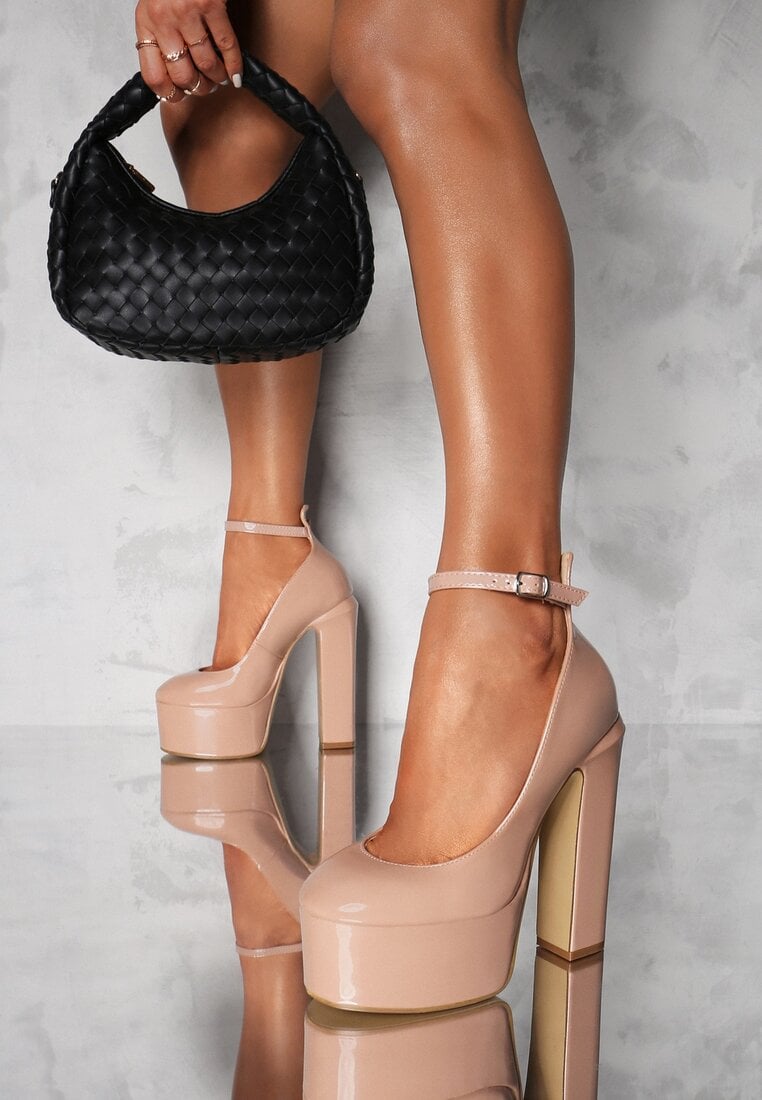 Pantofi stiletto bej lăcuiți cu toc gros înalt Valerie