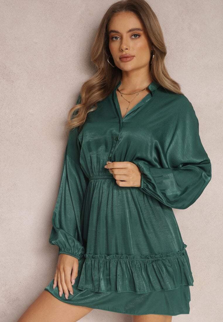 Rochie Verde Închis cu Volane Nezisa