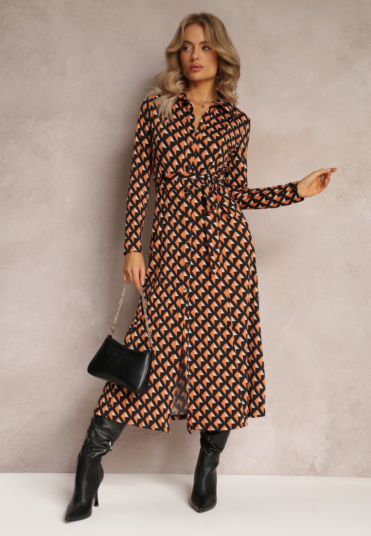 Rochie Portocalie-Neagră Tip cămașă Evazată Burrus