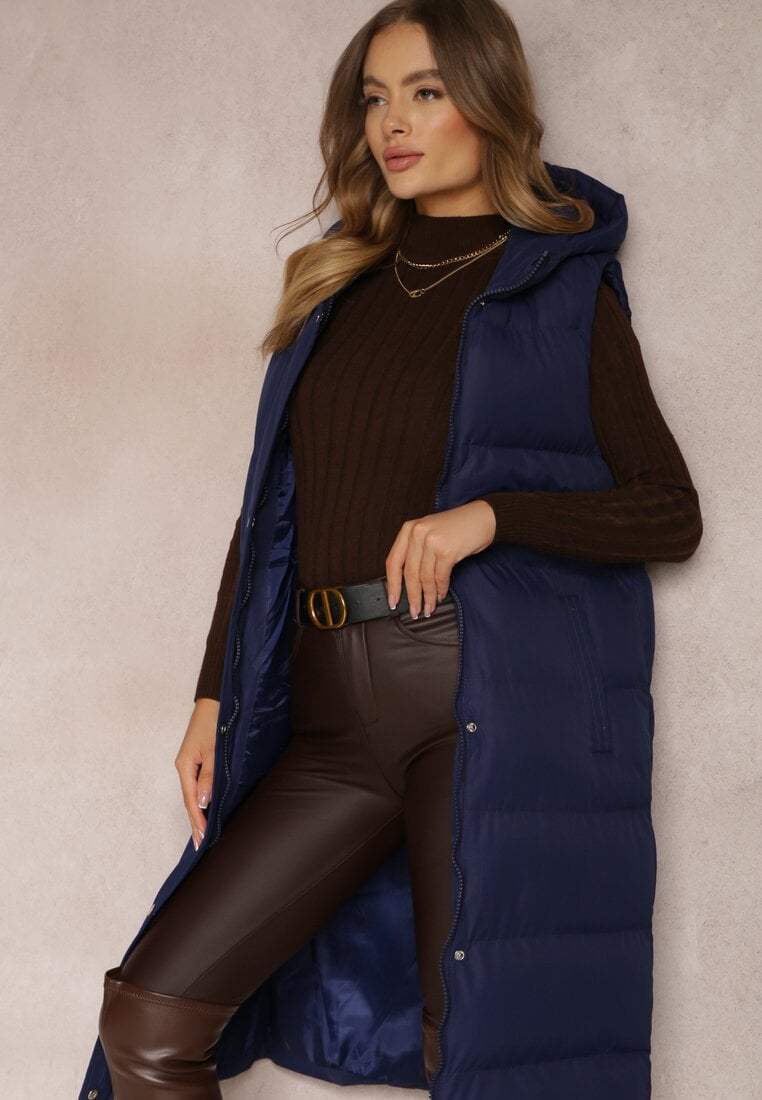 Vestă lungă bleumarin cu glugă matlasată Mellyn