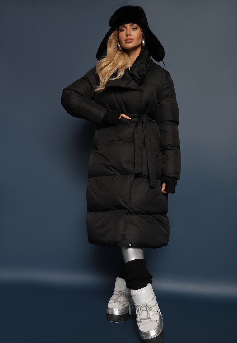 Jachetă Negru Lungă Matlasată cu Centură Legată Medguistl