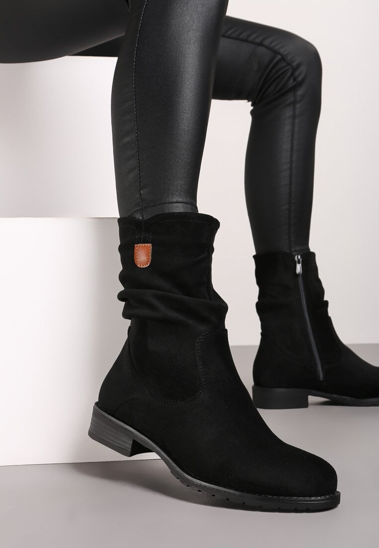 Botine Negre până la jumătatea gambei din imitație de piele întoarsă și cu carâmb încrețit Alemiphae