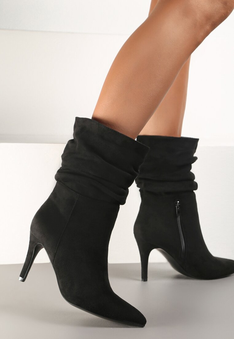 Botine Negre pe toc stiletto cu încrețituri Emiliye