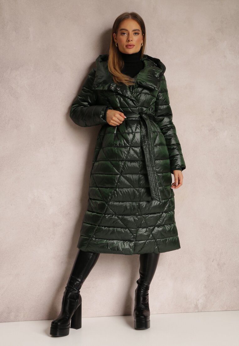 Geacă Ciemnozielona până la genunchi cu cordon și glugă Feome