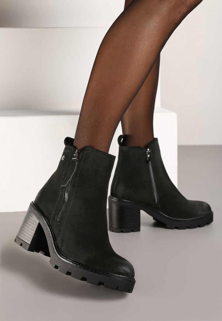 Botine Negre cu toc gros Boho cu fermoar Kodra