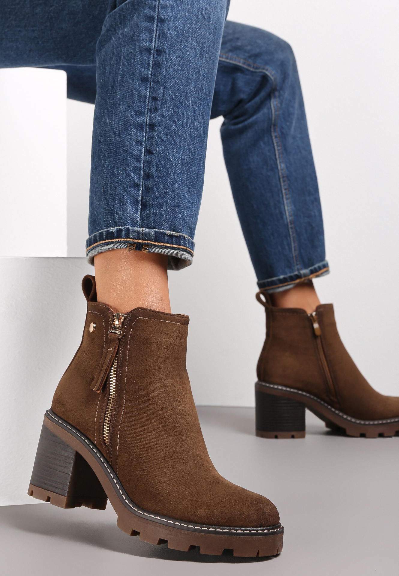 Botine Maro închis cu toc gros Boho cu fermoar Kodra