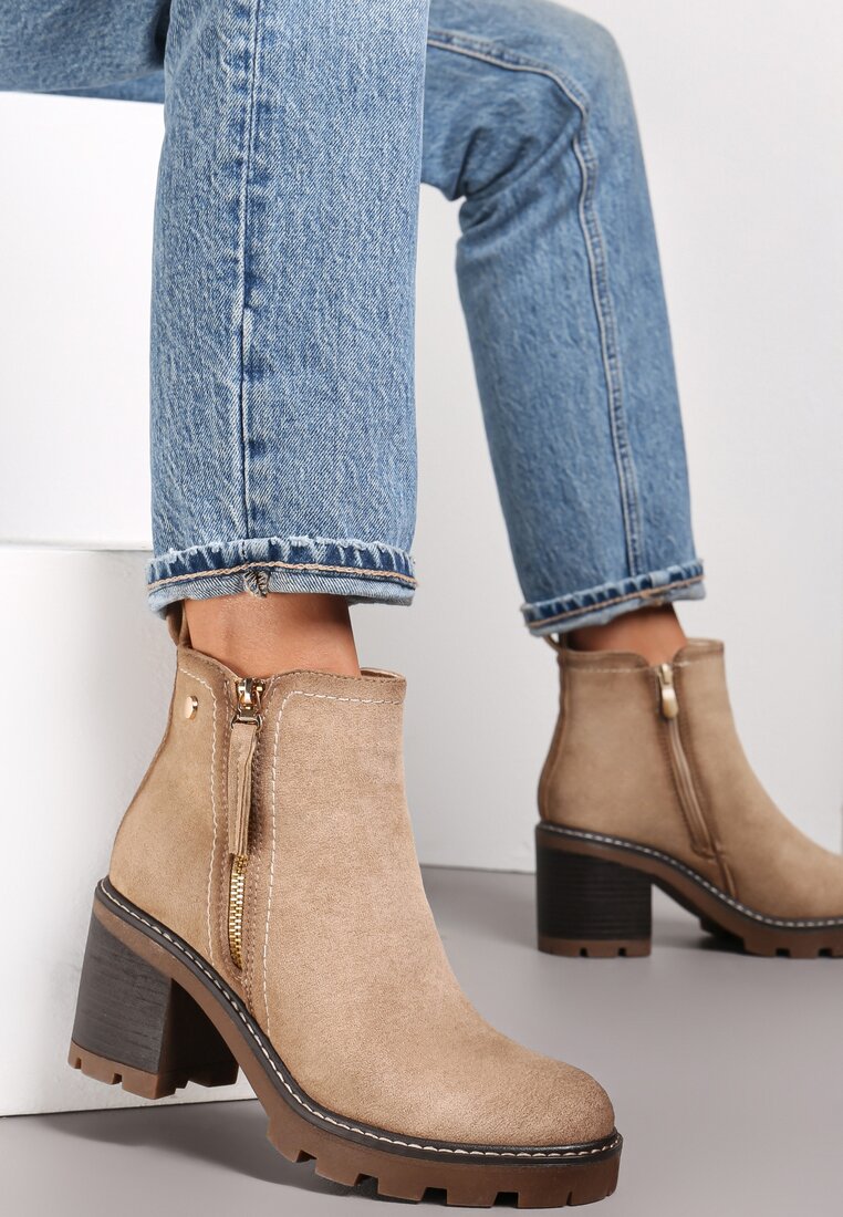 Botine Bej cu toc gros Boho cu fermoar Kodra