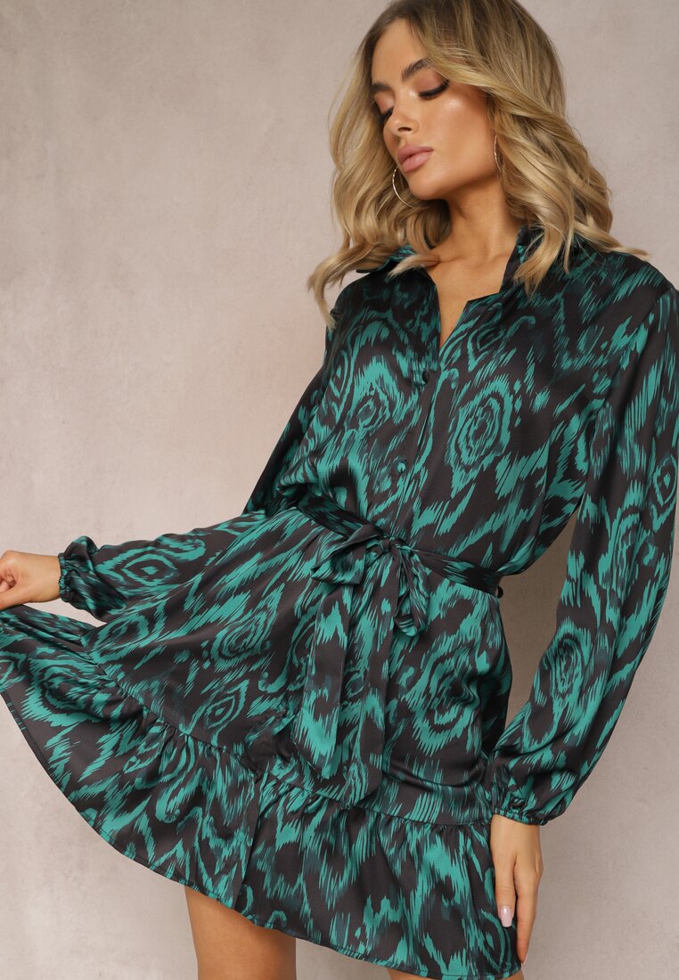 Rochie cămașă verde cu cordon legat și volane Khristina