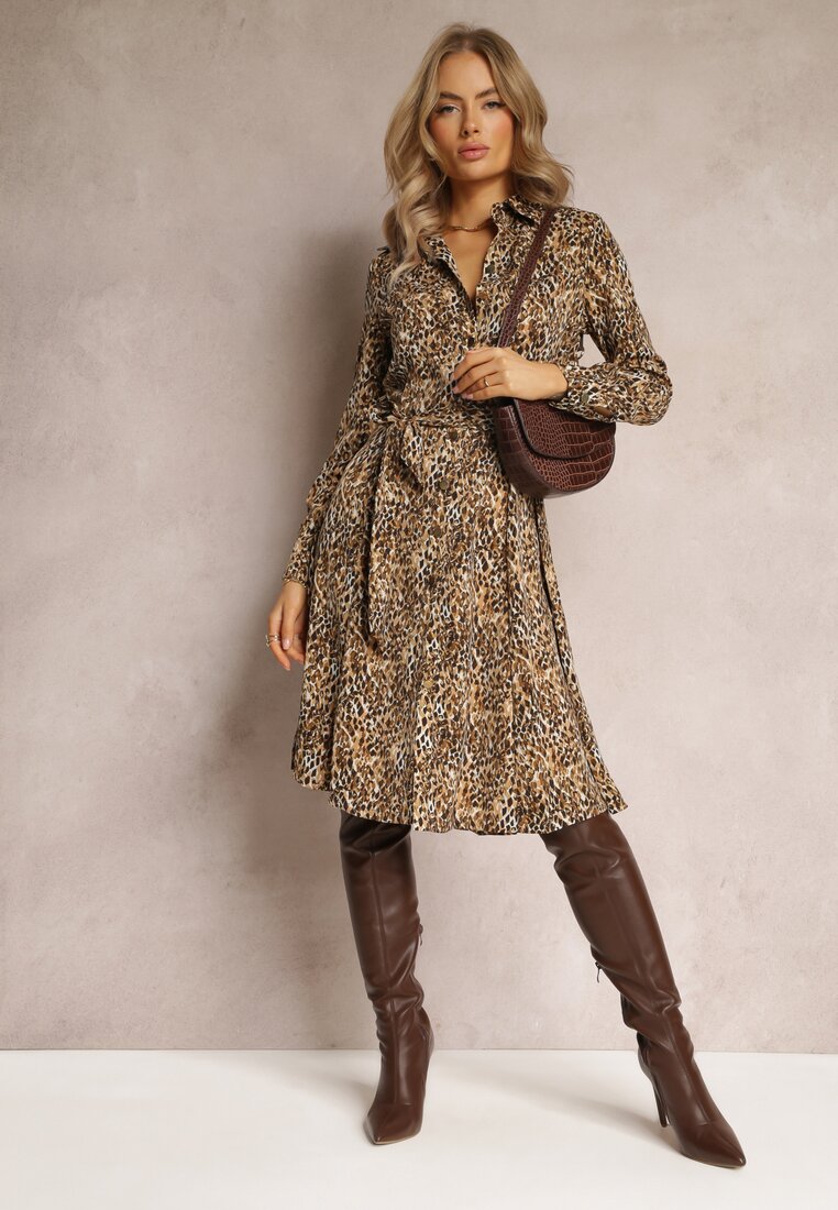 Rochie cămașă Bej închis cu imprimeu leopard Nillk