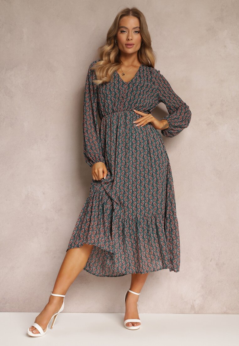 Rochie Verde închis cu Decolteu triunghiular și Elastic în talie Abido