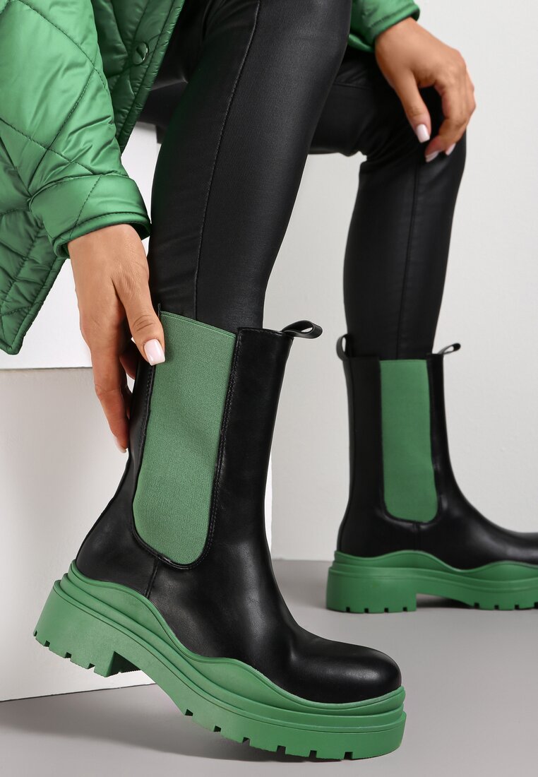 Botine Chelsea Negru-Verde cu Inserții Colorate și Talpă Balke