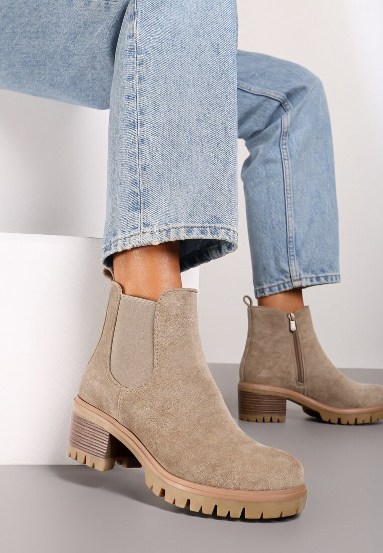 Botine bej închis cu toc gros Ruiha